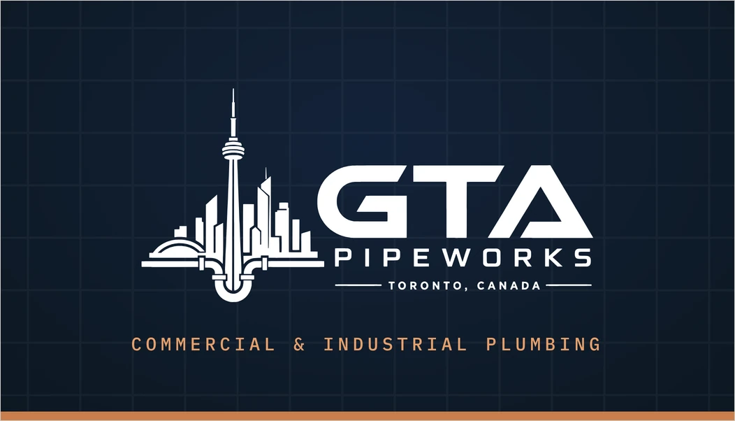 Front of the GTA Pipeworks business card: the white CN Tower and pipework logo on dark navy, with a copper stripe and the line Commercial & Industrial Plumbing