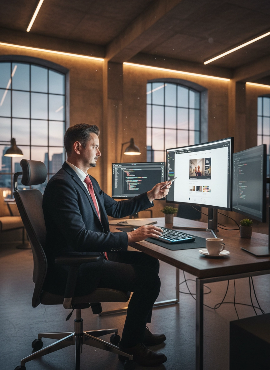Cosmin G. Agavriloaie designing a website in his studio